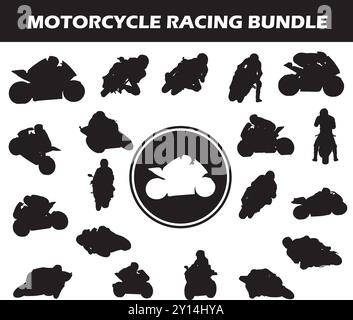 Motorcycle Racing Silhouette Bundle | Sammlung von Motorcycle Racing Spielern mit Logo und Motorcycle Racing Ausrüstung Stock Vektor