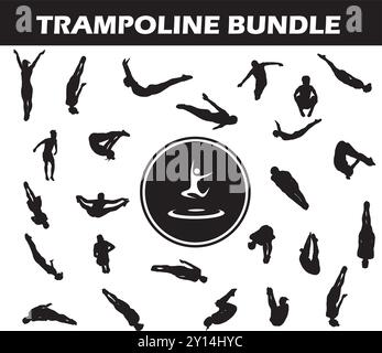 Trampolin Silhouette Bundle | Sammlung von Trampolin-Spielern mit Logo und Trampolin-Ausrüstung Stock Vektor