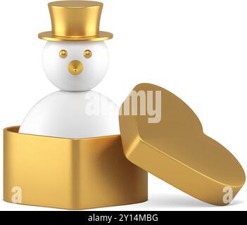 Weihnachten Schneemann im Herzen goldene Geschenkbox Winterfeiertag feiern 3D Icon realistische Vektor Illustration. Weihnachtsneujahr-Luxusspielzeug in romantischer Prägung Stock Vektor