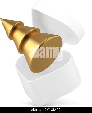 Goldene Weihnachtsbaumkugel fliegt in weißer Geschenkbox Herzform 3D Icon realistische Vektor-Illustration. Luxuriöses, metallisches Fichtenspielzeug im romantischen Presen Stock Vektor