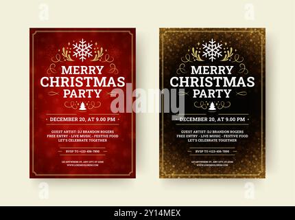 Fröhliche Weihnachtsfeier Musikereignis Retro Flyer Einladung Design Vorlage Set Vektor Illustration. Winterfeier Musikfestival Promo po Stock Vektor