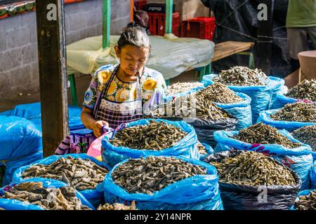 Verkauf von getrocknetem Fisch, traditioneller Markt, Sololá, Departement Sololá, Guatemala, Zentralamerika. Stockfoto