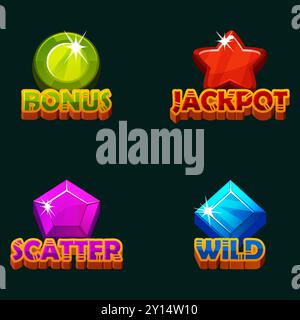 Vier Edelsteine-Symbole – BONUS, WILD, Jackpot und SCATTER für Slots-Spiele. Helle Edelsteine. Glänzende Schmucksteinstücke. Stock Vektor