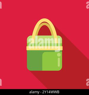 Grüner Lunchbox-Behälter mit gelbem Griff auf rotem Hintergrund mit langem Schattensymbol in flacher Ausführung Stock Vektor