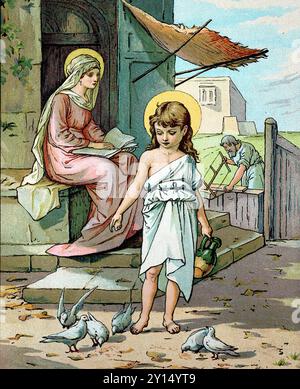 Jesus als Kind spielte mit Tauben in Nazareth, Maria schaute zu. Aus einer Sammlung von Farbdrucken von Illustrationen von John Lawson (1838–1908), veröffentlicht in einem Buch biblischer Geschichten, um 1897. Lawson wurde in Dunfermline, Fyfe, Schottland geboren, verbrachte aber einen Großteil seines Lebens in England. Er wurde bekannt für seine Skulpturen, Gemälde und Buntglasdesigns. Stockfoto