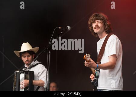 BROWN HORSE, KONZERT, 2024: Patrick Turner ist der Sänger der Band Brown Horse, die die Walled Garden Stage spielt. Tag des Green man Festivals 2024 im Glanusk Park, Brecon, Wales. Foto: Rob Watkins. INFO: Brown Horse sind Emma, Nyle, Rowan, Patrick, Ben, und Phoebe. Eine Country-Rock-Band aus Norwich. Der sechsköpfige Mix-Gitarren-gesteuerte Alternative Rock der 90er Jahre mit den Folk- und Country-Sounds der 70er Jahre Stockfoto