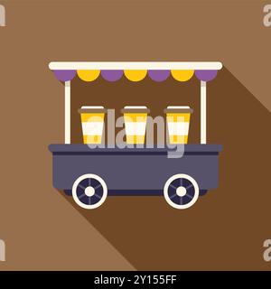 Abbildung eines mobilen Coffee-Shops, der Getränke in Einwegbechern mit gestreiftem Markise verkauft, in flacher Ausführung mit langem Schatten Stock Vektor