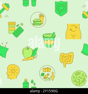 Verdauungssystem Gesundheit nahtloses Muster. Gesundes Essen, bleiben Sie hydratisiert. Vektorabbildung. Stock Vektor