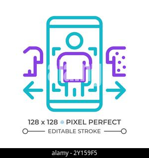 Virtuelles Symbol für zweifarbige Linien. Online-Shopping-Erlebnis. VR-Fitting. Zweifarbiges Umrisssymbol der AR-Mobilanwendung. Lineares Duplex-Piktogramm. Ist Stock Vektor