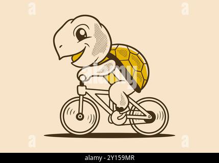 Niedliche Schildkröte im Retro-Stil, die auf einem Fahrradmaskottchen mit Illustrationsdesign fährt Stock Vektor