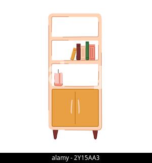 Bücherregale aus Holz mit Büchern und Kerzen in flachem Stil. Möbel für Wohnzimmer, Schrank, Büro und Zuhause. Vektorabbildung isoliert auf einem weiß Stock Vektor