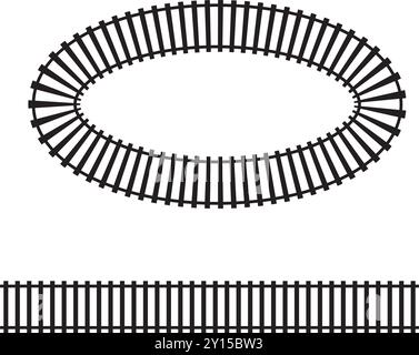Eisenbahnsegmente. Schienenelemente von oben aus der Antenne. Traintrack gerader und ovaler Rahmen isoliert auf weißem Hintergrund. Zäune oder Treppenstruktur Stock Vektor