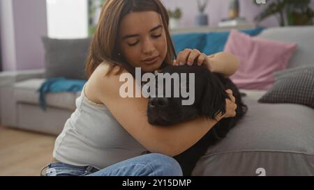 Eine junge, schöne hispanische Frau umarmt ihren labrador Hund in einem gemütlichen Wohnzimmer ihres Hauses oder ihrer Wohnung. Stockfoto