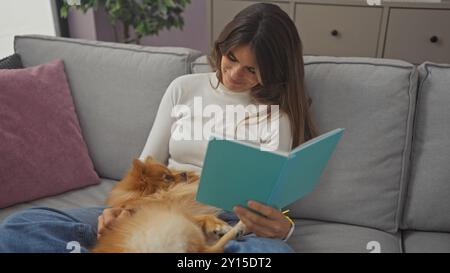 Eine junge Frau entspannt sich zu Hause, liest mit ihrem schlafenden pommerschen Hund ein Buch auf einem Sofa, das eine gemütliche Indoor-Szene darstellt. Stockfoto