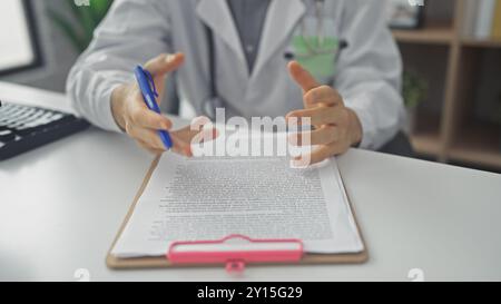Ein junger Arzt in einer Klinik gibt Gesten, während er einem unsichtbaren Patienten ein Dokument erklärt. Stockfoto