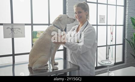 Eine junge Tierärztin untersucht einen Hund in einem gut beleuchteten Klinikraum. Stockfoto