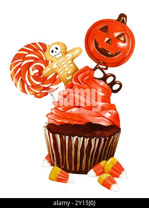 Handgezeichnete Aquarelle Halloween Komposition mit Cupcake, Süßigkeiten und Candycorns. Dekoratives, vorgefertigtes Design für Karten und Einladungen aus Alkohol Stockfoto