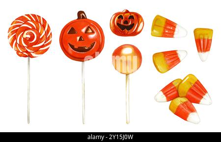 Handgezeichnetes Aquarellset mit Süßigkeiten für Halloween. Lolly, Zuckermais und Kürbisbonbons. Gelbes und oranges Element zur Dekoration bedanken Sie sich Stockfoto