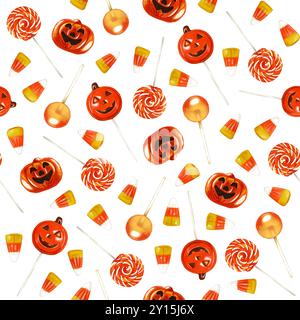 Aquarell Halloween nahtlose Muster Illustration. Lustiger Halloween-Druck mit Lollypops, Zuckermais und Kürbis isoliert auf weißem Hintergrund Stockfoto