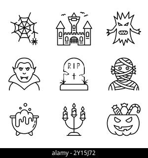 Halloween Set Line-Symbol. Kürbis mit Süßigkeiten, Schloss, Kessel, Vampir Scary Magic Outline Icon. Halloween-Konzept. Gruseliges Horror-Linear-Piktogramm Stock Vektor