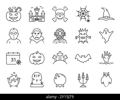 Halloween Set Line-Symbol. Gruseliges Horror-Linear-Piktogramm. Halloween-Konzept. Kürbis, Geist, Fledermaus, Grab, Schädel, Vampir Scary Magic Outline Symbol Stock Vektor