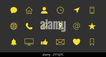 Symbolgruppe Für Visitenkarten. Gelbes Symbol für einfache Kommunikation Lina und Silhouette. Piktogramm „Kontaktinformationen“. Adresse, E-Mail, Telefon, Nachricht, Chat. Satz von Stock Vektor
