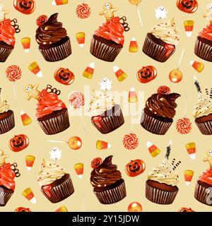 Aquarell Halloween nahtlose Muster Illustration. Lustiger Halloween-Druck mit Lollypops, Zuckermais, Kuchen und Kürbis auf beigefarbenem Hintergrund. Stockfoto