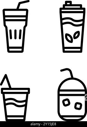 Symbol Set Zeile Verschiedenes Glas Kaffee oder Tasse Kaffee, Tee oder boba Stock Vektor