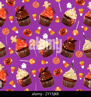 Aquarell Halloween nahtlose Muster Illustration. Lustiger Halloween-Druck mit Lollypops, Zuckermais, Kuchen und Kürbis auf violettem Hintergrund. Gruselig 3 Stockfoto