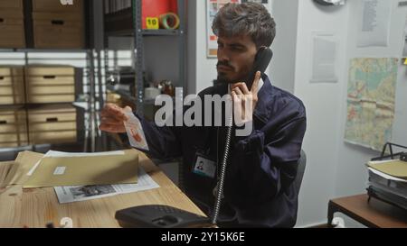 Ein junger hispanischer Mann mit Bart arbeitet als Detektiv in einem Büro, untersucht Beweise und nimmt einen Anruf entgegen. Stockfoto