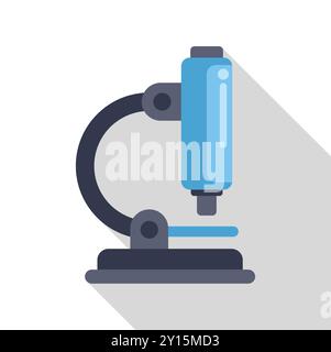 Moderne flache Illustration mit langem Schatteneffekt eines auf einem Tisch stehenden blauen Mikroskops Stock Vektor