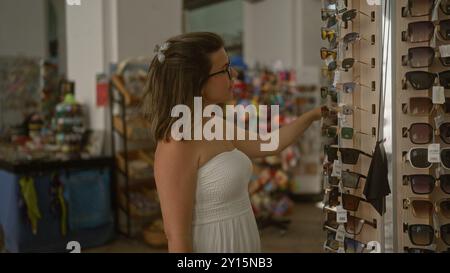 Eine junge hispanische Frau kauft Sonnenbrillen in einer bezaubernden Straße in gallipoli, apulien, italien, umgeben von farbenfrohen Displays und Accessoires. Stockfoto