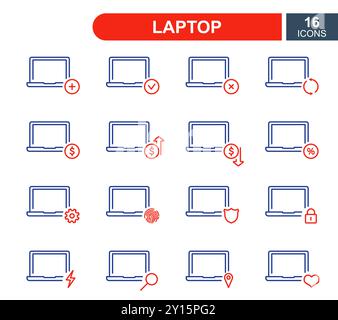 Satz einfacher Symbole für Laptop-Zeilen. Symbole für Systemlinien für Reparatur, Verkauf, Leihdienst, Renovierung und Aktualisierung von Computern. Bearbeitbare Kontur. Vektorabbildung Stock Vektor