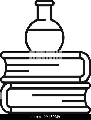 Linienkunstvektor einer Flasche, die auf einem Stapel von Büchern steht und das Streben nach Wissen und wissenschaftlicher Erforschung repräsentiert Stock Vektor
