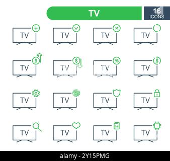 Satz einfacher TV-Zeilensymbole. Symbole für Fernseh-Reparaturservice, Verkauf, Leihgabe, Renovierung und Aktualisierung der Systemzeilen. Lineare TV-Symbole. Bearbeitbare Kontur. Vektor Stock Vektor