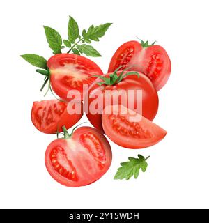 Frische Tomaten mit grünen Blättern in der Luft auf weißem Hintergrund Stockfoto