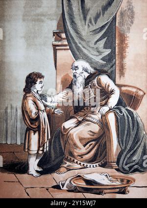Illustration des jungen Samuel mit dem Hohepriester Eli am Tabernakel (Samuel) aus der selbstinterpretierenden Familienbibel des antiken 19. Jahrhunderts Stockfoto