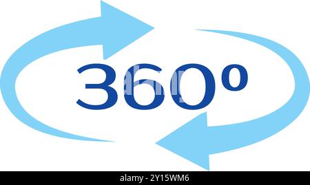 Blaue Pfeile, die sich um 360 Grad drehen und einen Kreis bilden, symbolisieren einen kontinuierlichen Zyklus, eine Transformation oder eine vollständige Abdeckung Stock Vektor