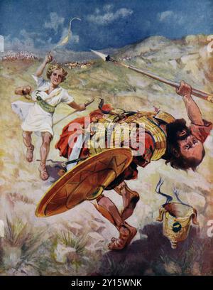 Illustration von David, der den Riesen Goliath tötete, nachdem er ihn mit einem Stein geschlagen hatte, der Goliath aus dem religiösen Kinderbuch Sunday Aft des 19. Jahrhunderts tötete Stockfoto