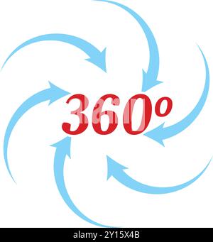 Blaue Pfeile, die um 360 Grad um ein rotes Schild drehen, symbolisieren die vollständige Abdeckung und den vollständigen Service Stock Vektor