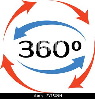 Blaue und rote Pfeile, die sich um die Zahl 360 drehen, symbolisieren die volle Abdeckung, einen vollständigen Zyklus und einen kontinuierlichen Workflow Stock Vektor