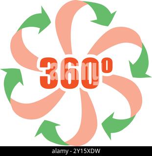 Bunte Pfeile, die sich um einen Mittelpunkt drehen, veranschaulichen das Konzept von 360 Grad Stock Vektor