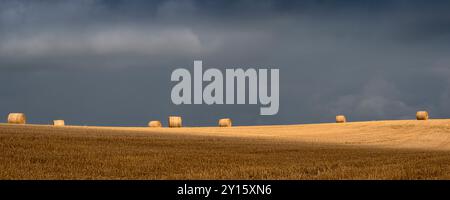 Porthcothan, Cornwall, Großbritannien. September 2024. Wetter in Großbritannien: Dunkle Sturmwolken sammeln sich über einem Feld traditioneller Heuballen und signalisieren die Ankunft einer Niederdruckfront, die starke Regenschauer über Südengland und Westland bringt. Quelle: Celia McMahon/Alamy Live News Stockfoto