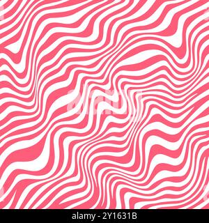 Rosafarbenes Erdbeerkaramell-Muster, welliger nahtloser Hintergrund. Abstrakt verzerrter Hintergrund mit rosa weißen chaotischen Streifen. Dynamische optische Illusion, gestreifte süße Süßigkeiten, psychedelische Textur Stock Vektor