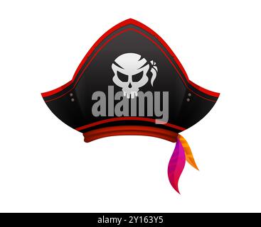 Zeichentrick-Piratenhut, Korsar-Kapitän Tricorn. Vektor-Seefahrer-Kopfschmuck mit fröhlichem roger-Schädel. Isolierter Freibeuter-Hut, Kopfbedeckung, Matrosenmütze mit rotem Stirnband. Filibuster Piraterie Kostümteil Stock Vektor