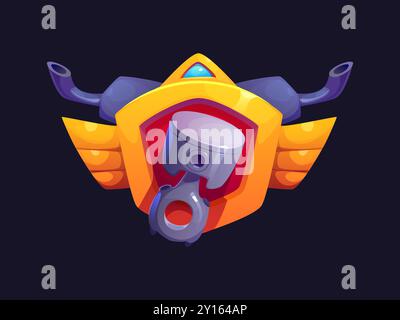 Auszeichnung für den Rang von Motor- und Autorennen, mit Kolben in der Mitte, goldenen Flügeln und Auspuffrohren, die nach außen ragen. Popup-Symbol für den Erfolg und die Anerkennung von Comic-Vektorspielen Stock Vektor