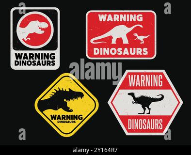 Dinosaurier-Warnschilder mit Dino-Silhouetten. Vector Vintage, robuste Banner, die vor der Anwesenheit von Dinosauriern warnen, mit fettgedrucktem Text, verstörten Texturen und roten, gelben und schwarzen Farben Stock Vektor