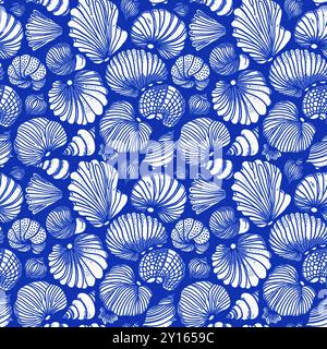 Modernes Cottage am Strand im rustikalen Muschelblock-Muster im Stil des Sealife Beach. Azurblaues weißes Muschelmotiv mit Leinennägeln Stockfoto