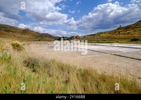 Salzgewinnung aus den Salzminen von Medinaceli, Medinaceli, Soria, autonome Gemeinde Castilla y León, Spanien, Europa. Stockfoto