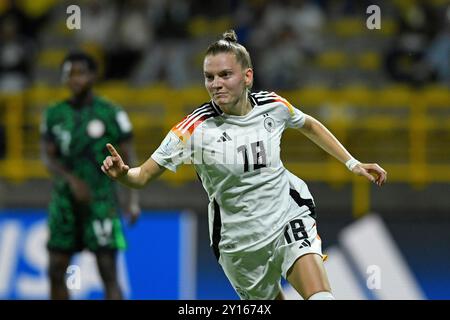 Estadio Metropolitano de Techo Sarah Ernst aus Deutschland feiert ihr Tor während des Spiels zwischen Deutschland und Nigeria, für die zweite Runde der Gruppe D der FIFA U-20-Frauen-Weltmeisterschaft Kolumbien 2024, im Estadio Metropolitano de Techo, diesen Mittwoch 04. 30761 (Julian Medina/SPP) Stockfoto